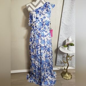 Adrianna Papell Blue Floral One Shoulder Dress With Pockets
